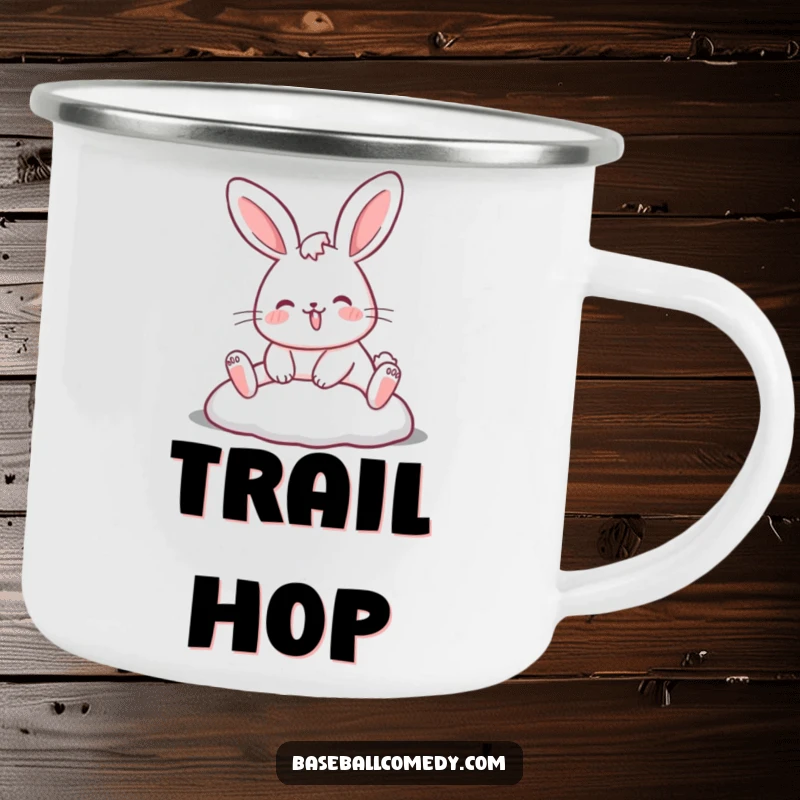 Funny rabbit camping mug showing a rabbit sliding into a base, durable and humorous for outdoor enthusiasts and gift-givers.
