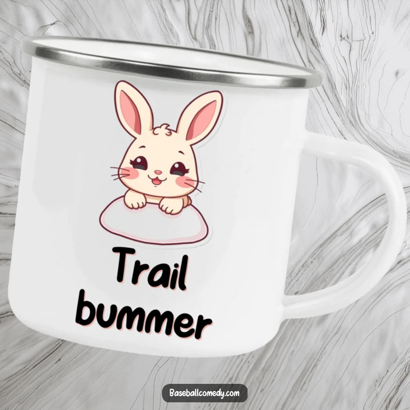 Funny camping mug with a cartoon rabbit sliding into a baseball base, perfect for outdoor adventures and humorous sipping.