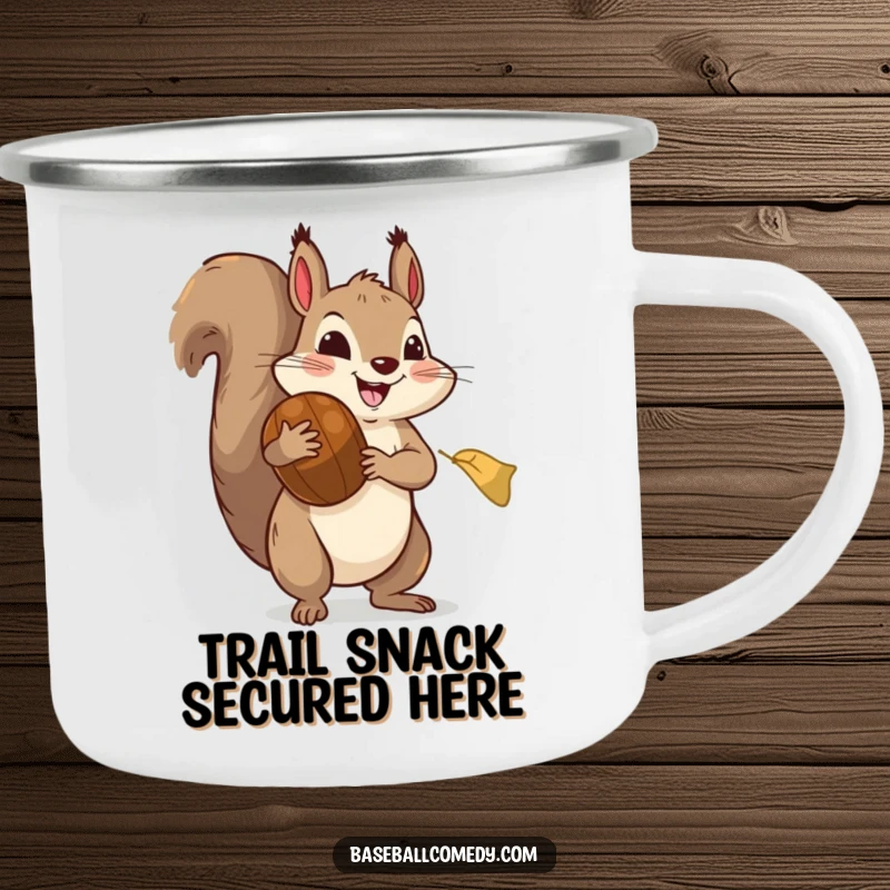 Funny camping mug: A happy squirrel in a baseball mitt awaits a giant acorn, perfect for outdoor enthusiasts.