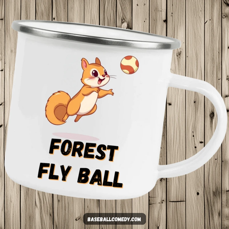 Funny squirrel camping mug depicting a squirrel leaping to catch a fly ball, perfect for outdoor adventures and baseball fans.