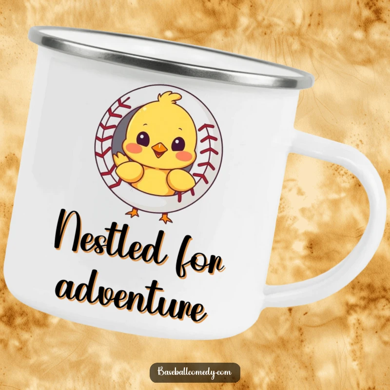 Funny camping mug with a curious chick peeking out from behind a baseball, perfect for enjoying beverages outdoors.