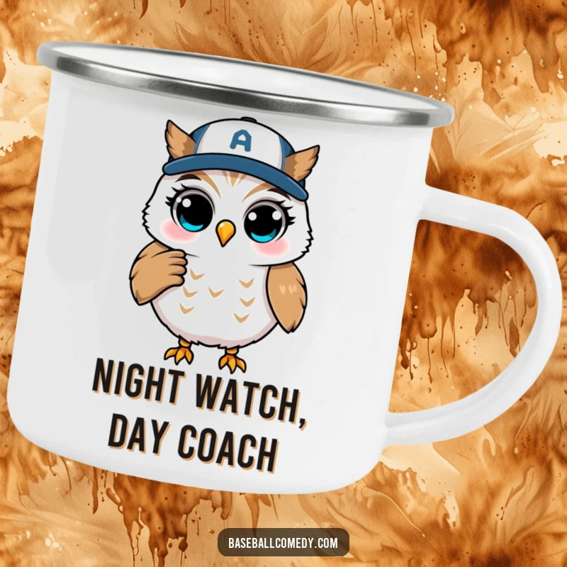 Funny camping mug with a winking owl coaching from first base, ideal for outdoor wisdom and humorous moments.