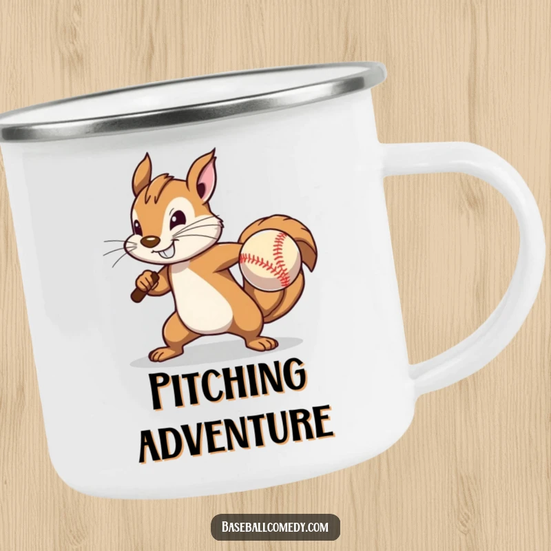 Funny Camping Mug: A determined squirrel pitches a baseball with great effort, ready for outdoor brews.