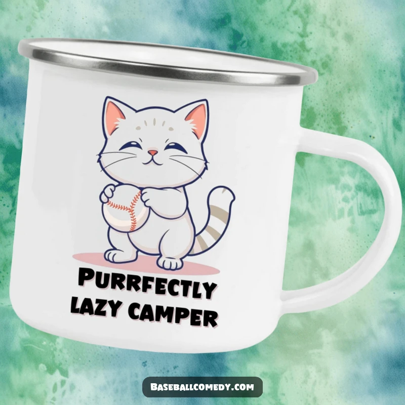 Funny camping mug featuring a content cat batting at a baseball, perfect for humorous outdoor enjoyment.