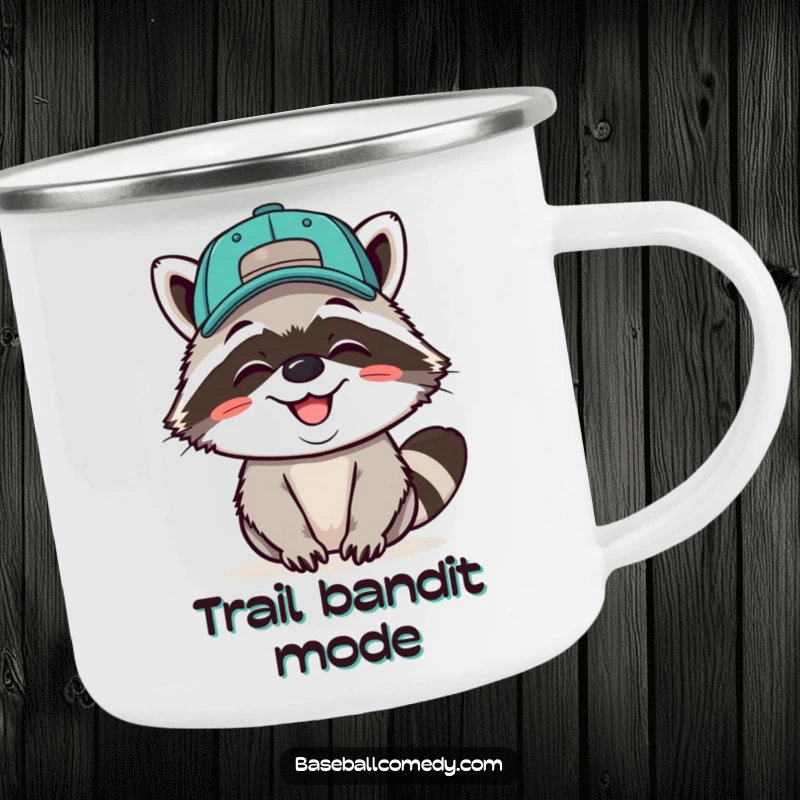 Funny camping mug with a giggling raccoon wearing a baseball cap backwards, grinning, perfect for outdoor enjoyment.