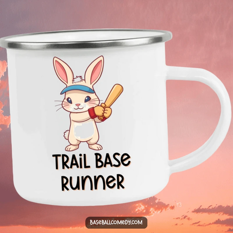 Funny rabbit in batting gloves, intense focus, ready to swing, on a durable camping mug for outdoor use.