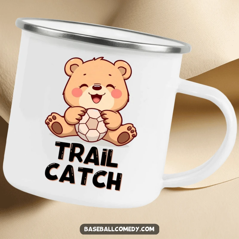 Funny bear camping mug showing a bear catching a ball, durable and humorous for outdoor enthusiasts and gift-givers.