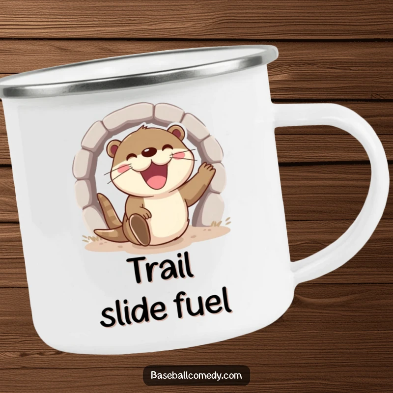 Funny otter camping mug, excitedly sliding into home base with a wide grin, durable outdoor gear.
