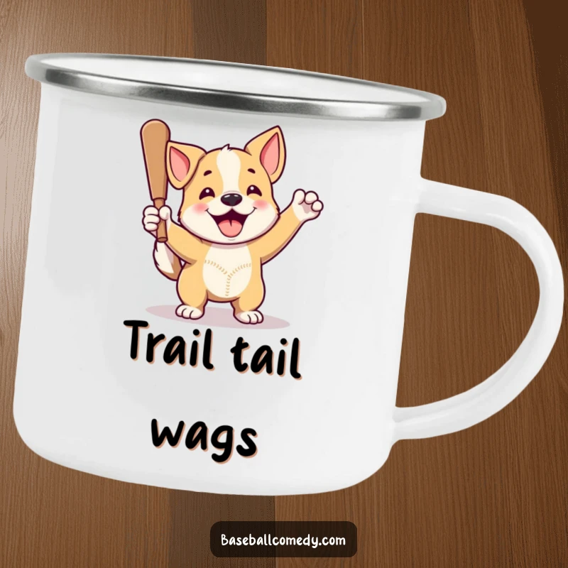 Funny dog camping mug featuring a proud dog celebrating a home run, perfect for outdoor-loving baseball fans.