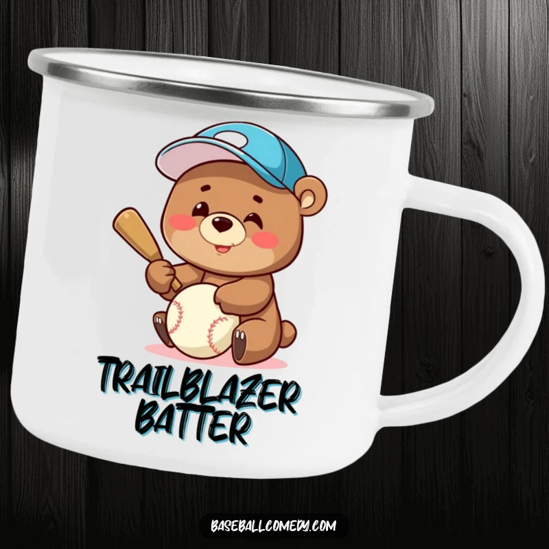 Funny Camping Mug: A smiling bear in a baseball cap bats a baseball, ready for a campfire coffee or trail drink.