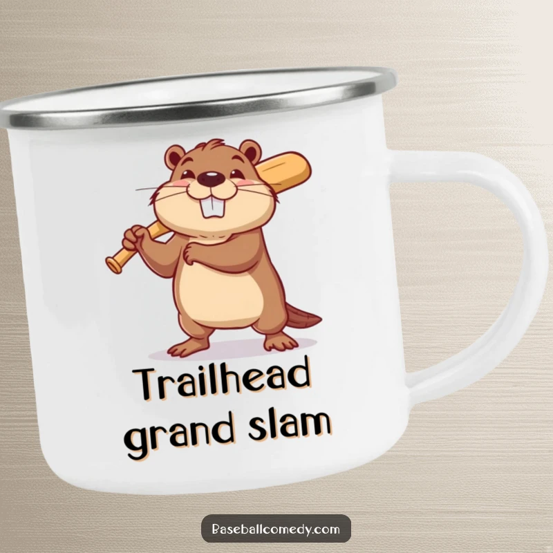 Funny beaver baseball camping mug featuring a determined beaver swinging a tiny baseball bat with a hopeful grin, for outdoor use.