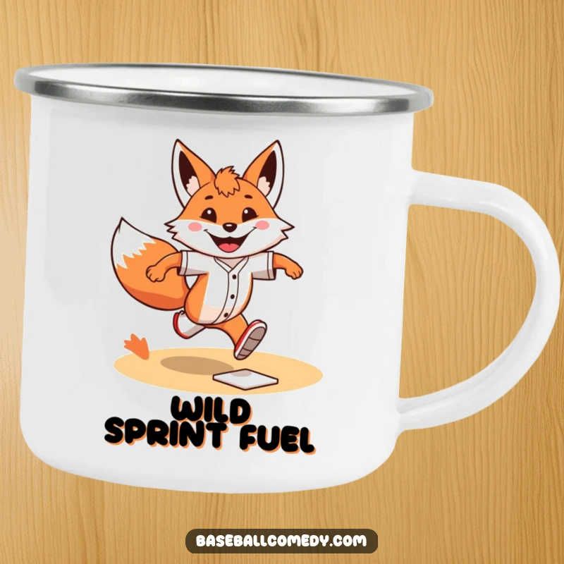 Funny Camping Mug: A grinning fox sprints determinedly around baseball bases, ideal for coffee on the go.