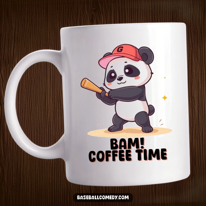 Funny panda mug showing a playful panda joyfully celebrating hitting a grand slam in baseball, conveying excitement and humor.