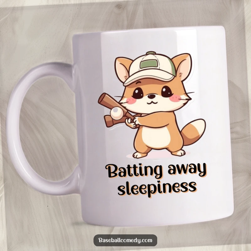 Funny mug showing a determined animal wearing a cap, poised to bat a small ball with intense focus and readiness.