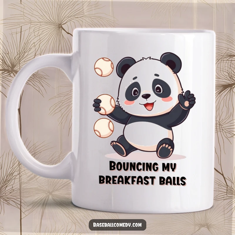 Funny Panda juggling multiple baseballs precariously, looking surprised and clumsy on a coffee mug, perfect gift.