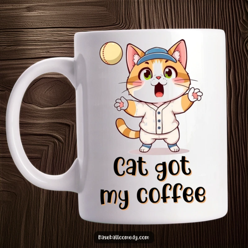 Funny cat in a baseball uniform, surprised expression, catching a fly ball mid-air on a coffee mug.