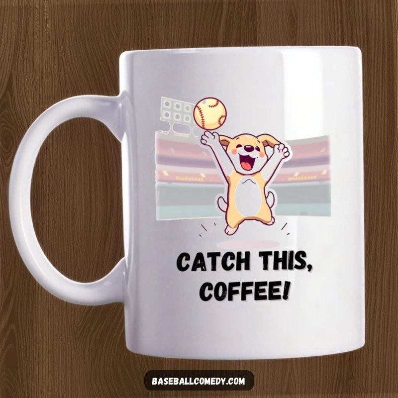 Funny mug featuring an energetic dog jumping high to catch a home run baseball, showcasing athletic determination.