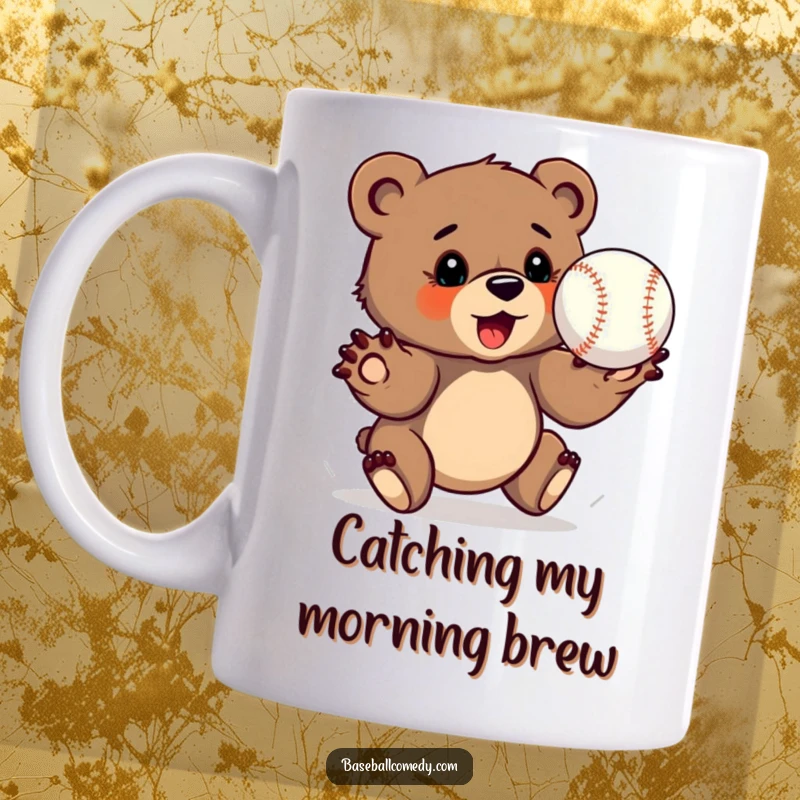 Funny bear cub mug, determinedly catching a baseball with outstretched paws, focused on the game.