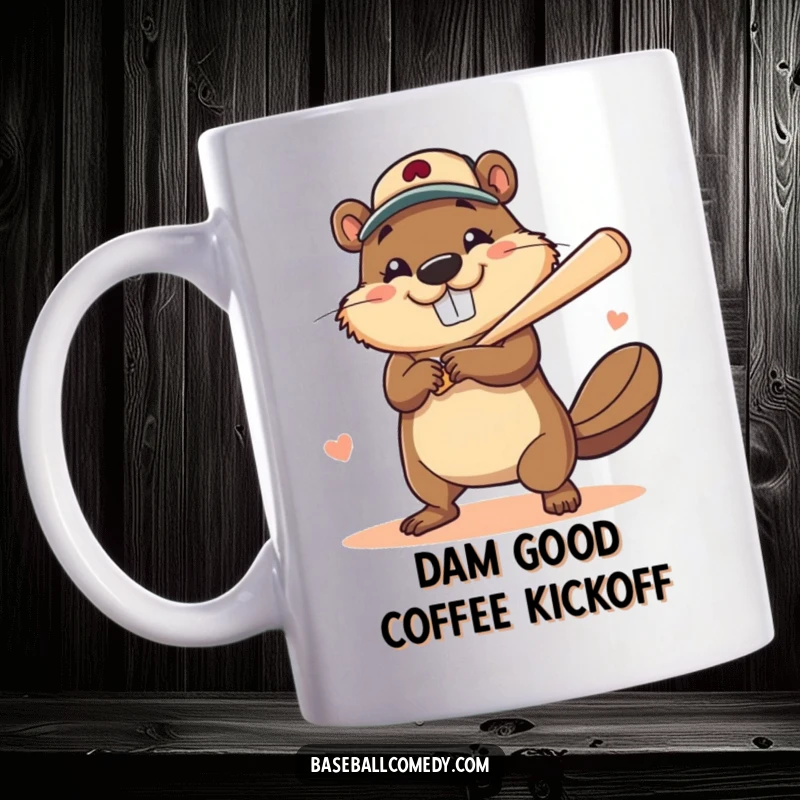 Funny mug showing a brave beaver with a huge smile, triumphantly hitting a baseball home run, a joyous design.