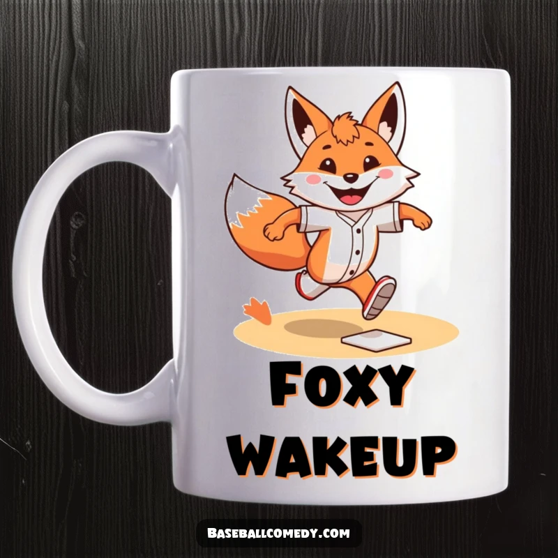 Funny Mug: A grinning fox is depicted in a determined sprint, running the baseball bases with athletic intensity.