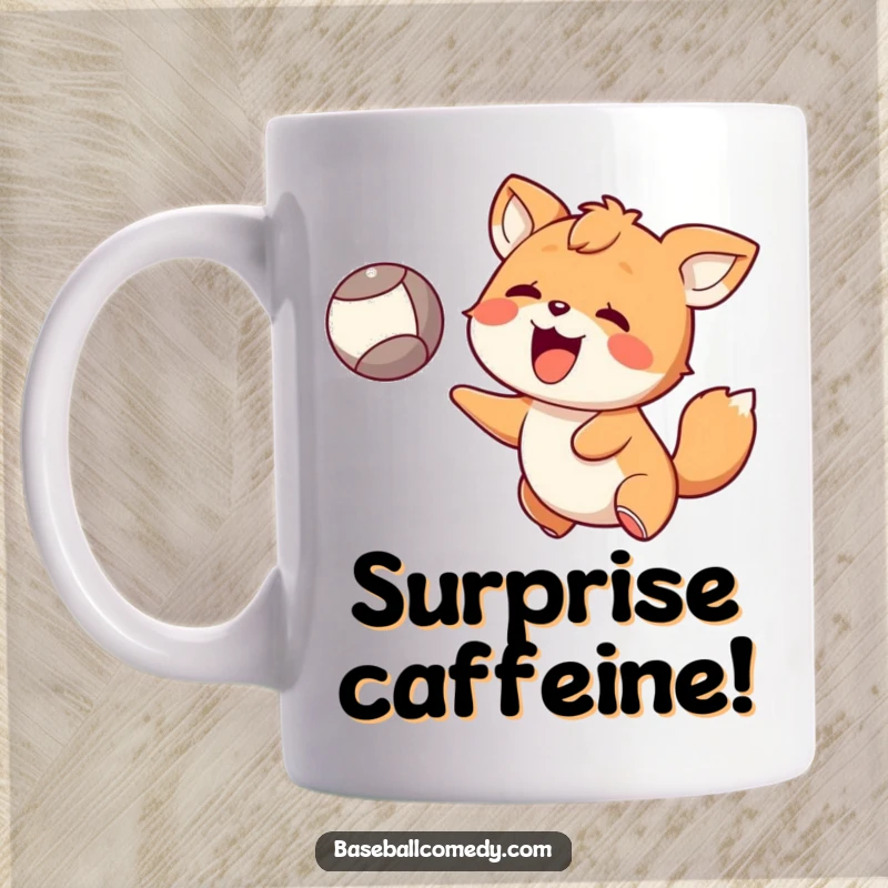 Funny Mug: Happy animal with a surprised expression catching a flying ball, showcasing delightful reaction and fun.