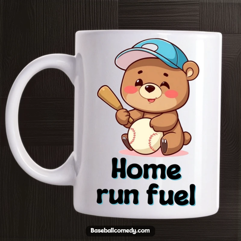 Funny Mug: A cheerful bear wearing a baseball cap, joyfully swinging a bat at a baseball, ready to score.