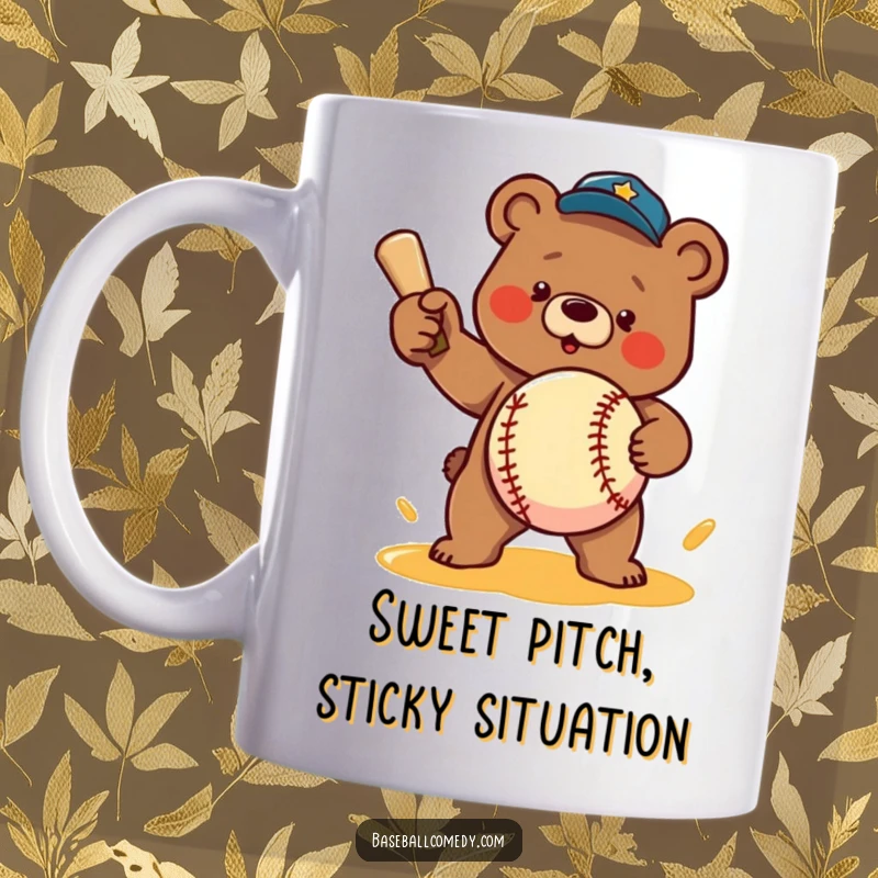 Funny mug: A determined bear character pitches a baseball dripping with honey, a comical sports and sweet treat fusion.
