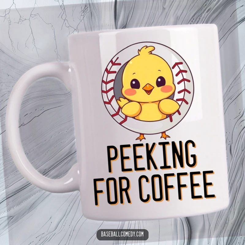 Funny mug featuring a curious chick peeking out from behind a baseball, showing a playful and inquisitive nature.