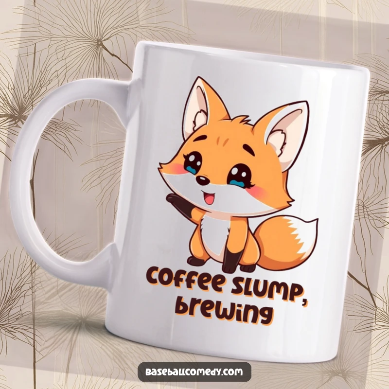 Funny mug showing a silly fox with a comical expression striking out during a baseball game, a humorous moment.