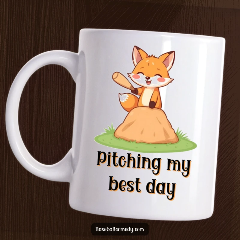 Funny fox mug, happily pitching a baseball from a miniature mound, ready to throw a strike.