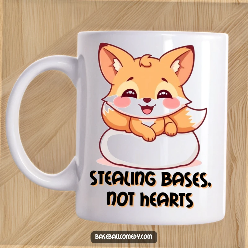 Funny mug featuring a giggling fox sliding into a baseball base with a wide, happy smile, perfect for sports fans.
