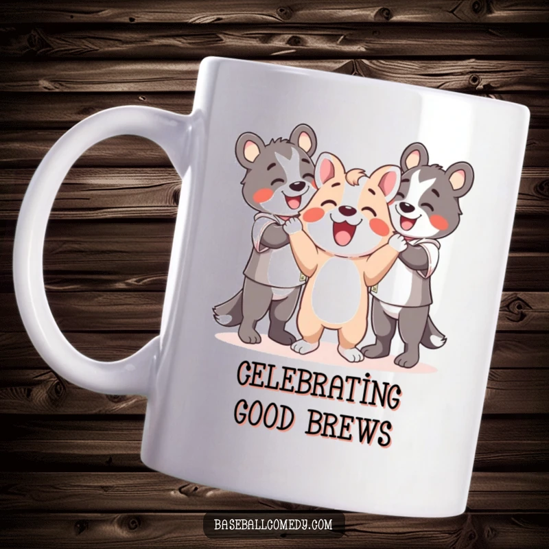 Funny mug showing a happy animal celebrating enthusiastically with teammates after a successful play, full of joy and camaraderie.