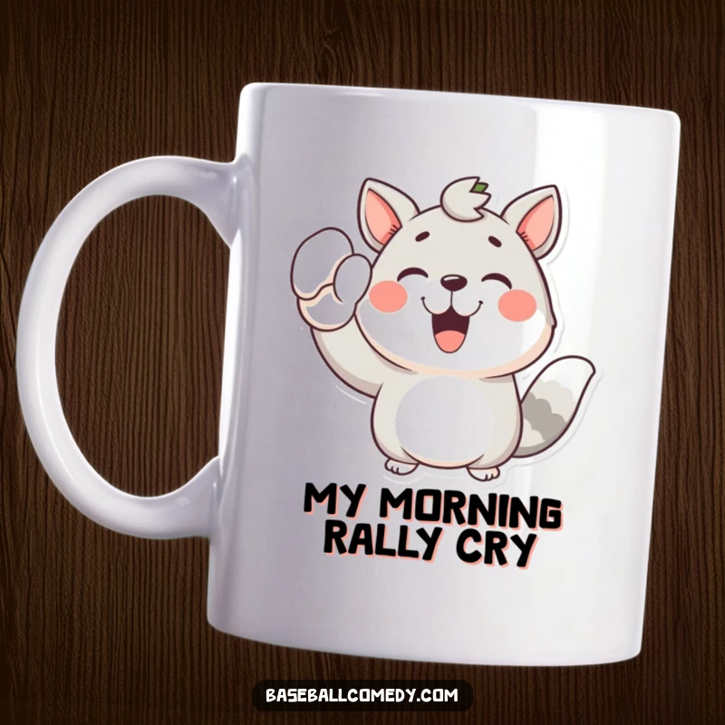 Funny mug featuring a joyful animal with a raised mitt, cheering enthusiastically, celebrating a win with an infectious smile.