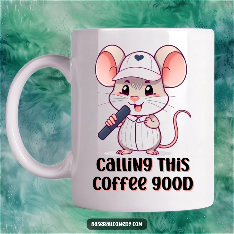 Funny mouse umpire mug featuring a small rodent wearing a tiny cap, making an official baseball call with sass.