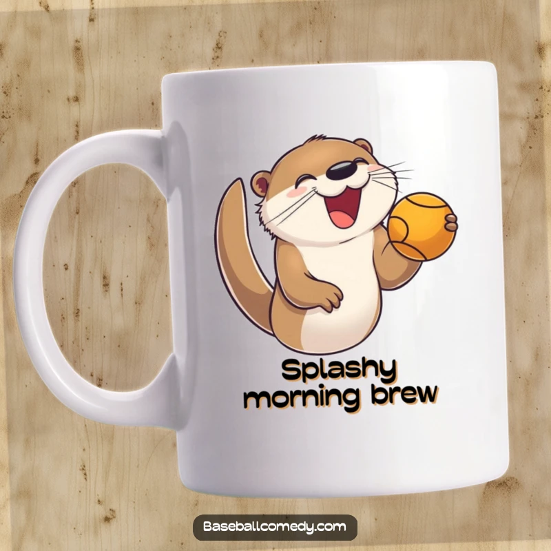 Funny mug showing a joyful otter with great enthusiasm catching a foul ball during a baseball game, a lively scene.