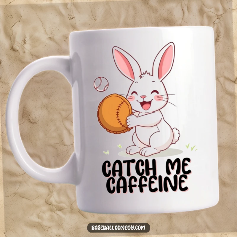 Funny Mug: A joyful rabbit, with a huge mitt, is captured mid-air catching a baseball with a happy expression.