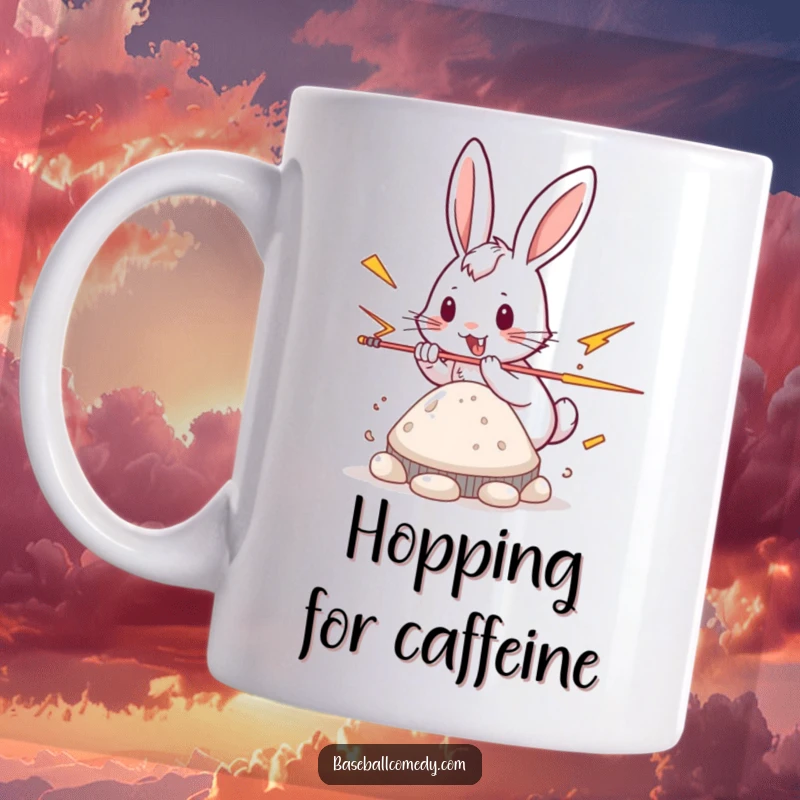 Funny rabbit mug, playfully stealing a base with lightning speed, fast base runner.