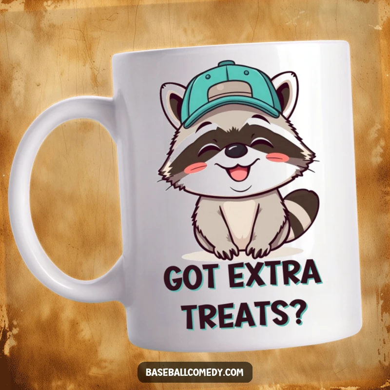 Funny mug featuring a giggling raccoon wearing a baseball cap backwards, with a mischievous and happy grin.