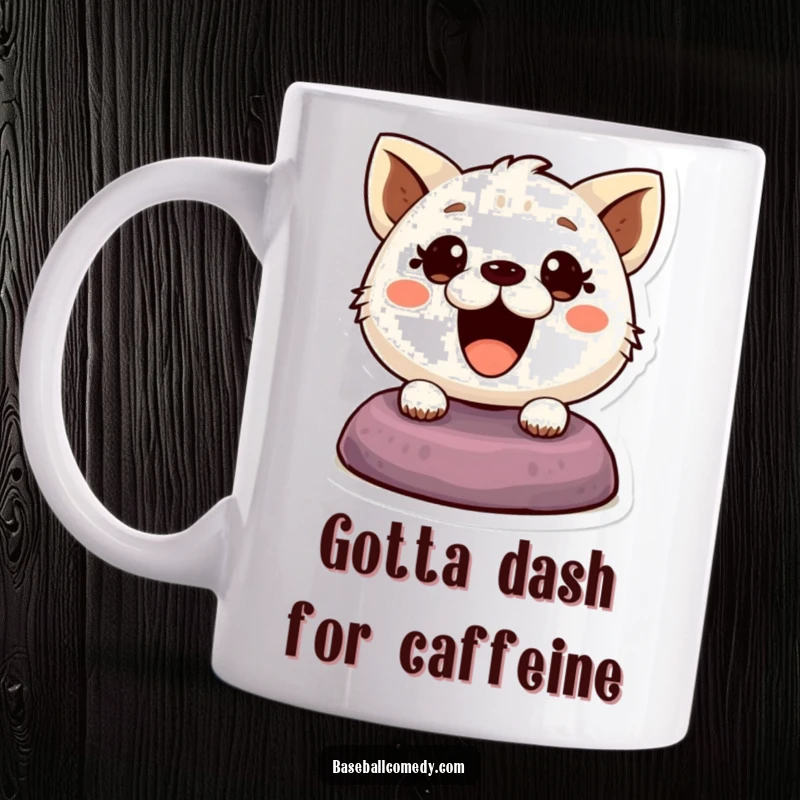 Funny mug showing a cute animal with wide, excited eyes as it steals a base, embodying speed and playful mischief.