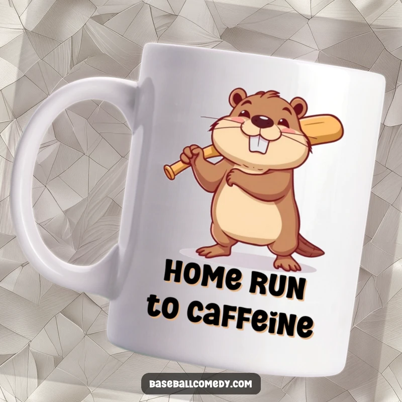 Funny beaver mug with a determined beaver swinging a tiny baseball bat with a hopeful grin, ready for the game.