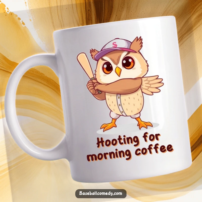 Funny mug: A cute owl strikes a heroic baseball player pose with confidence and charm, ready for the game.