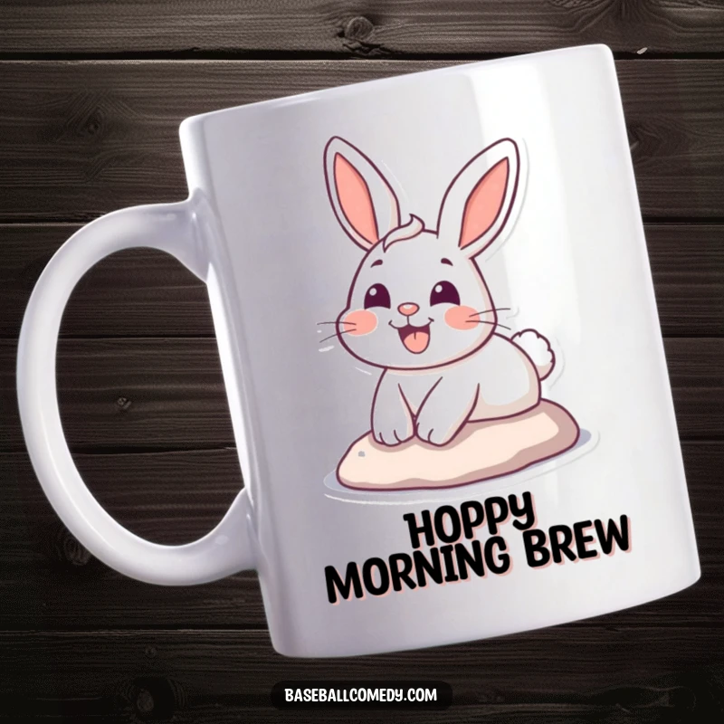 Funny mug featuring a happy cartoon bunny rabbit comically sliding into home base with a big grin, celebrating a run.