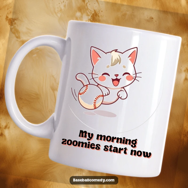 Funny cat mug featuring a playful kitten in hot pursuit of a runaway baseball, embodying pure feline determination and humor.