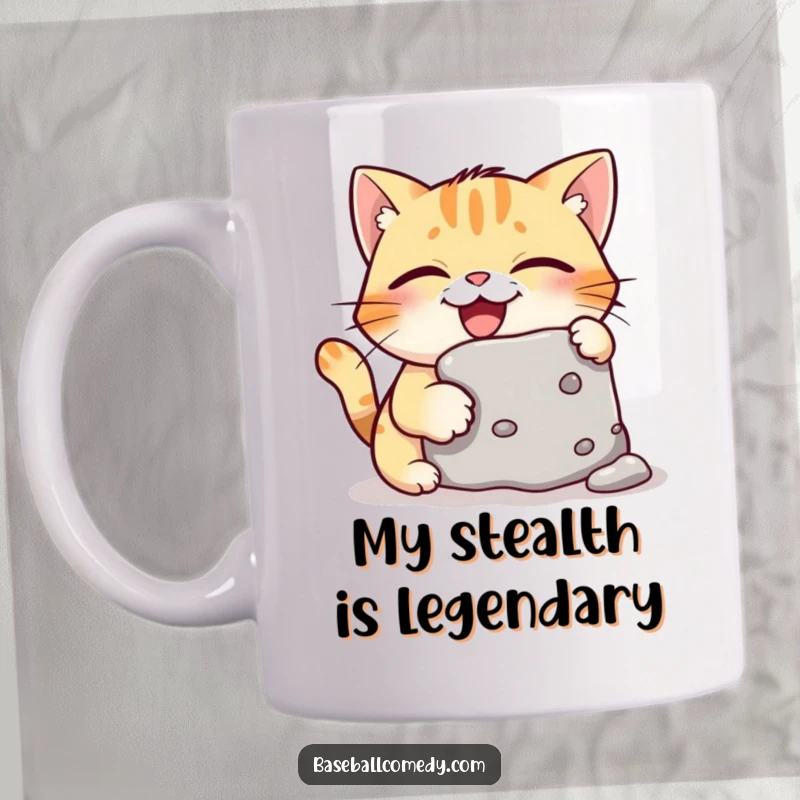 Funny mug with a giggling cat expertly stealing a baseball base, looking sly and triumphant, perfect for humor lovers.