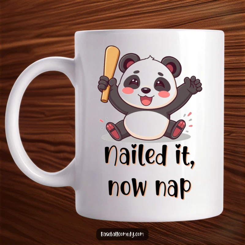 Funny mug featuring a playful panda sliding into home plate with a triumphant smile, celebrating a baseball victory with joy.