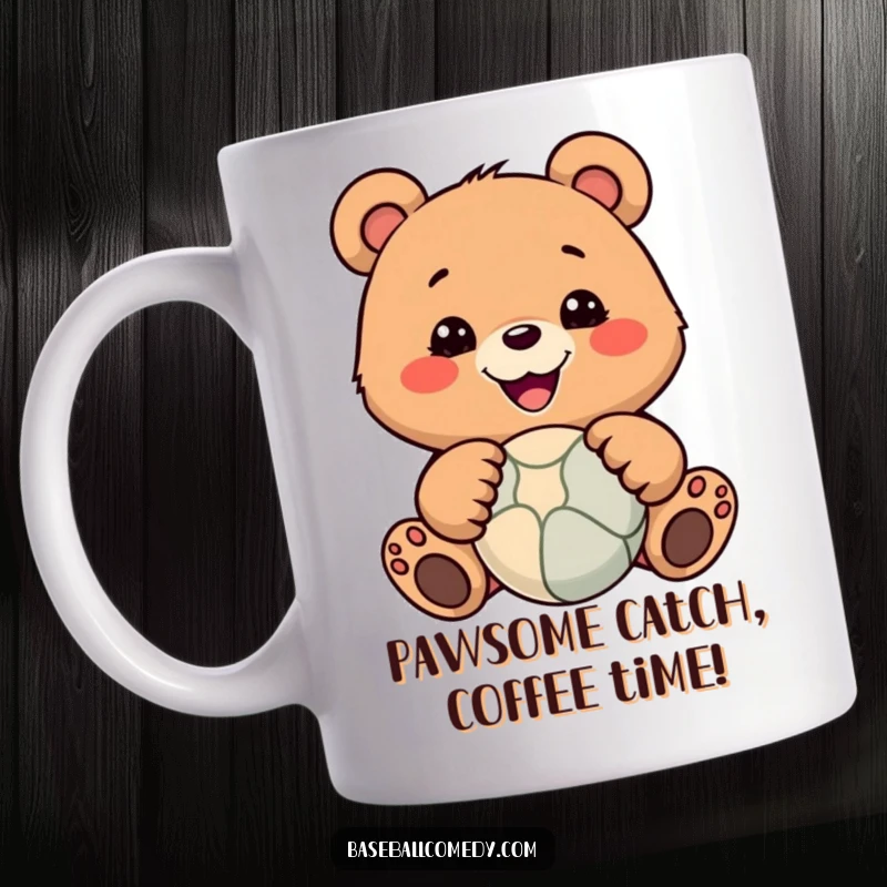 Funny mug with a smiling cartoon bear expertly catching a ball with its paws, showcasing athletic fun.