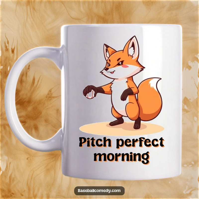 Funny mug with a determined cartoon fox in a pitching stance, executing a perfect throw with focus.