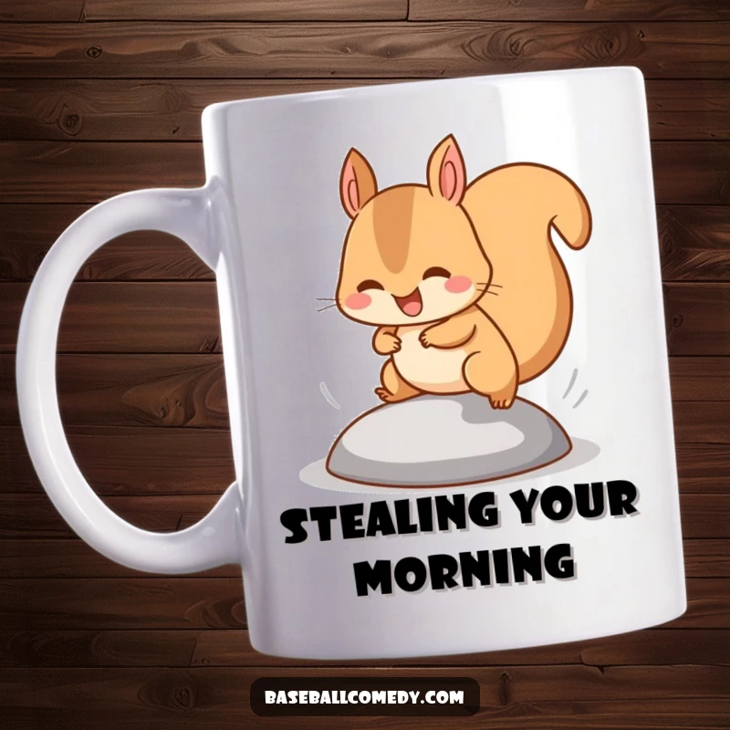 Funny squirrel mug depicting a happy squirrel stealing a base with tiny legs pumping fast, a symbol of speed.
