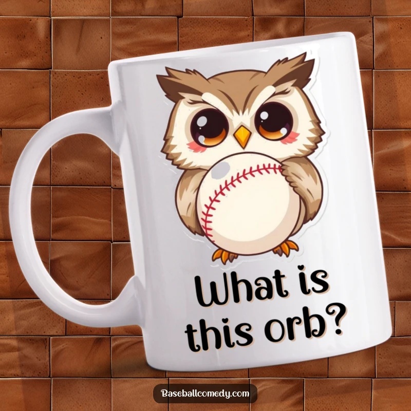 Funny mug with a curious owl staring with wide eyes at a baseball, expressing delightful bewilderment and humor.