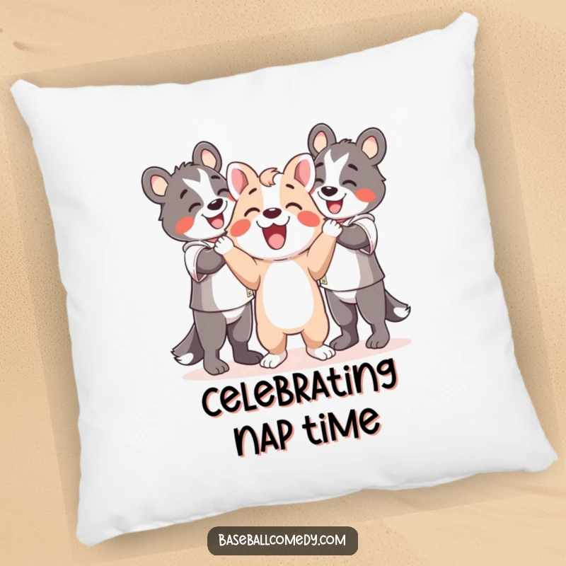 Funny pillow showing a happy animal celebrating with teammates after a play, radiating joy and companionship.